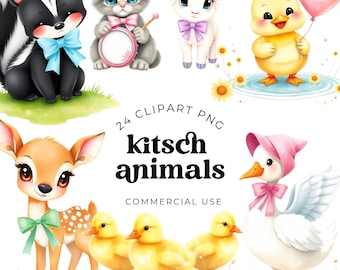 Vintage Kitsch Animal Clipart PNG SVG JPG, Retro Nursery Illustration Bundle, Cute Midcentury Graphics for Scrapbooking, Journals, Craf