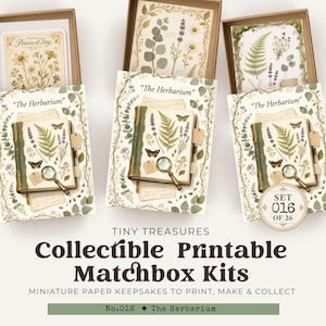 May include: Three open brown boxes containing printable matchbox kits titled The Herbarium. Each kit features botanical illustrations of ferns, lavender, and butterflies, along with a magnifying glass graphic and small paper tags on a white background.
