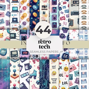 May include: A digital collection of 44 seamless papers featuring retro technology themes including cassette tapes, laptops, vintage cameras, rotary phones, floppy disks, roller skates, joysticks, and pixelated emojis with the text 44 retro tech seamless papers.