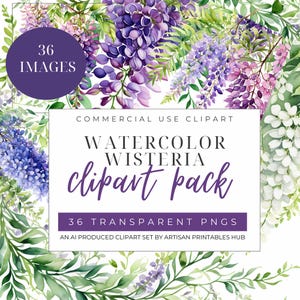 Watercolor Wisteria Clipart - Digital Clip Art Graphics for Commercial Use - Commercial Use Wisteria Clipart  - Elegant Floral Illustrations
