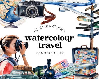 Travel Clipart PNG Bundle, Watercolor Wanderlust Adventure Set, Junk Journal Planner Graphics, Vacation Travel Theme PNG, Commercial Use