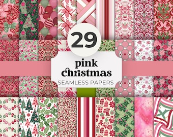 Christmas Digital Paper Pack, Pink Holiday Scrapbook Papers, Printable Seamless Backgrounds, Junk Journal, Planner, Craft Paper