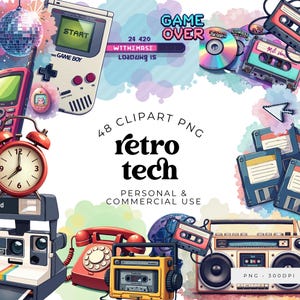 May include: A watercolour illustration of retro tech items. The image features a Game Boy, cassette tapes, a boombox, a red rotary phone, a Polaroid camera, and a disco ball. Text includes "retro tech" and "personal & commercial use."