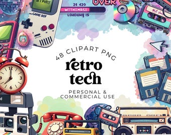 Retro Tech Clipart Bundle, Vintage Electronics PNGs, Watercolor Retro Gamer Graphics for Sublimation, Junk Journals and Printable Crafts