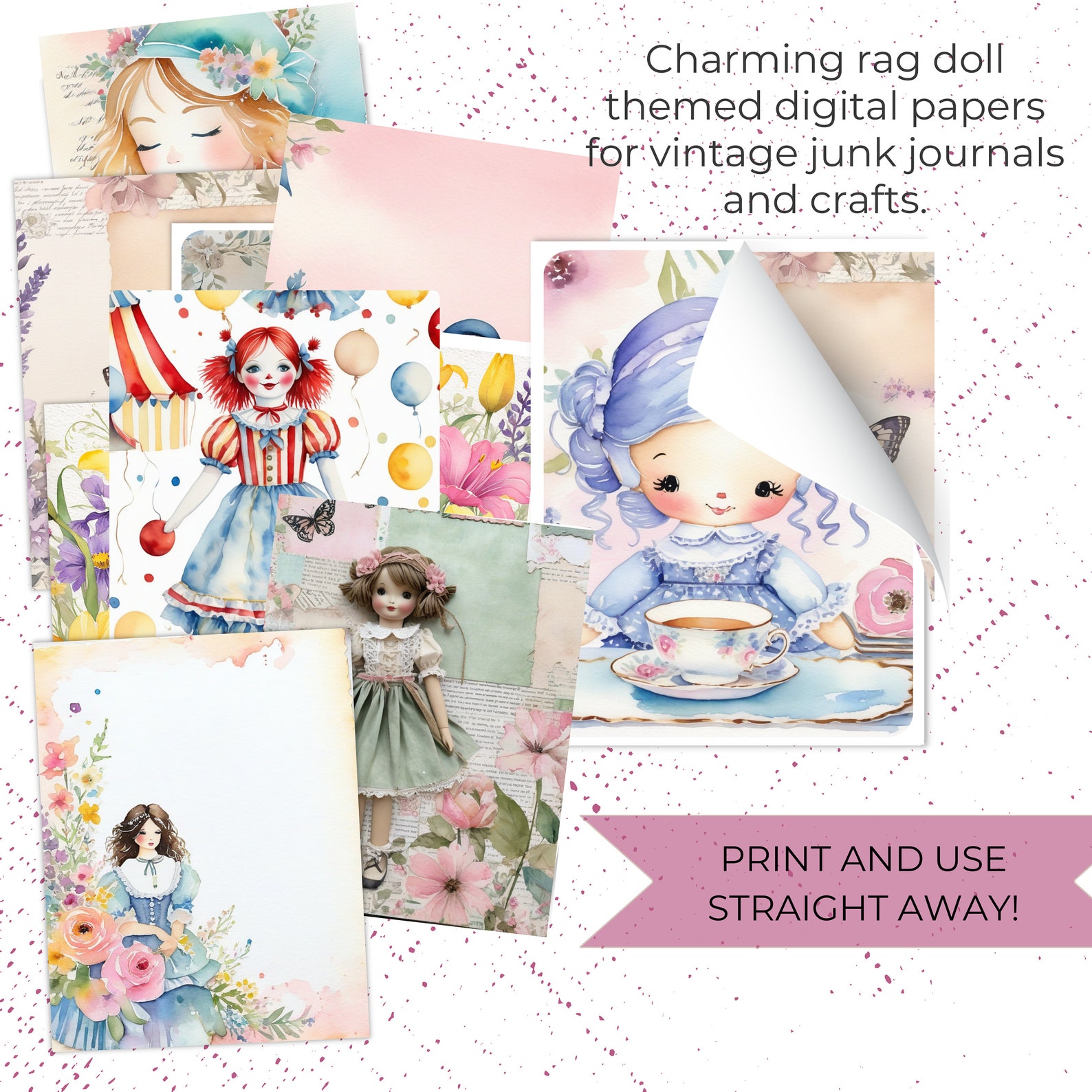 Rag Doll Printable Paper Pack - Vintage-style Rag Doll Patterns for ...