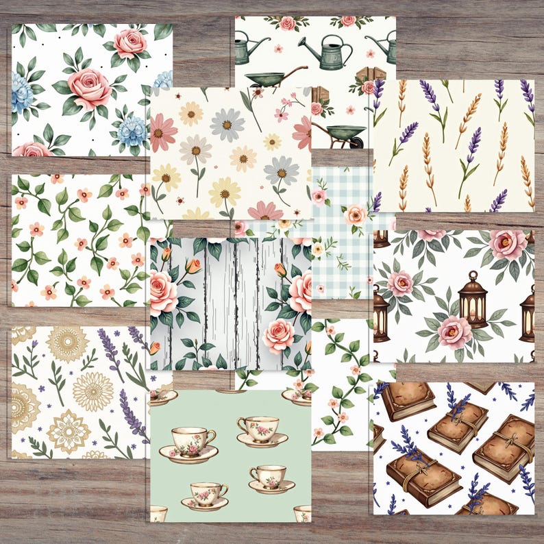 Bucolic Vintage Seamless Digital Paper Pack, Rustic Watercolor Patterns ...