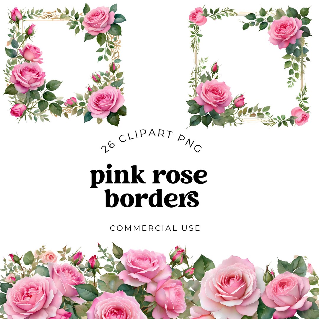 Pink Rose Watercolor Border Clipart for Elegant Floral Frames PNG JPG ...