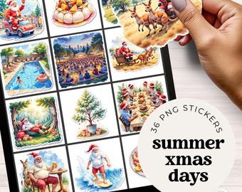 Paquete de pegatinas PNG para planificador navideño, pegatinas navideñas tropicales de Papá Noel en la playa australiana, imprimibles para diario de vacaciones de verano con recorte preciso