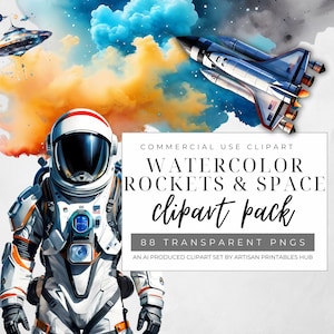 watercolour space clipart bundle astronaut rocket png bundle, atronaut spaceship, rocket clipart, spaceship, outer space cliparts, planet