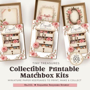 May include: Three open cardboard boxes containing printable paper craft kits for a Coquette Keepsake Drawer. Each kit features illustrations of a three-drawer chest with pink roses, pearl necklaces, and small trinkets, labeled Coquette Keepsake Drawer.