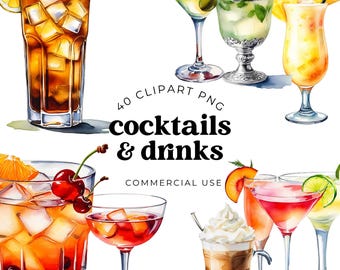 Watercolor Cocktails Clipart, Party Drinks PNG, Beverage Illustrations, Digital Download Bar Art, Printable Cocktail Graphics, Commercial Us