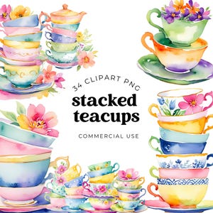 Vintage Teacup Stack Clipart, Floral Stack of Teacups Clipart, Watercolor Digital Download for Scrapbooking, Perfect for Tea Party Invites,