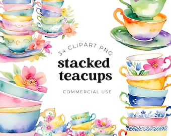 Vintage Stacked Teacup Clipart, Floral Watercolor Illustration PNG, Tea Party Invite Scrapbook Graphics, Tea Time Clipart, Commercial Use