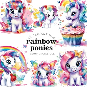 Watercolor Rainbow Pony Clipart Bundle – Cute Pastel Pony Illustrations for Kids Birthday Invitations, Scrapbooking, Stickers and Crafts