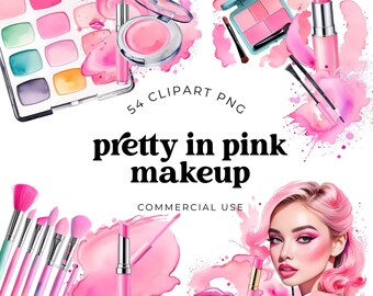 May include: A digital collection of 54 makeup-themed clipart PNGs featuring watercolor-style illustrations of eyeshadow palettes, lipsticks, makeup brushes, and a portrait of a person with pink hair and makeup, with the text 54 CLIPART PNG pretty in pink makeup COMMERCIAL USE.