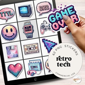 Paquete de pegatinas digitales de tecnología retro: pegatinas con acuarela de estética vintage de los 90 para GoodNotes, agendas digitales, álbumes de recortes, diarios y notas.
