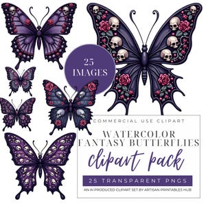 Gothic Fantasy Schmetterling Kunst, Lila Schmetterling Clipart mit Schädeln und Rosen, dunkel ästhetische Wanddekoration, digitale Illustration, druckbare Kunst