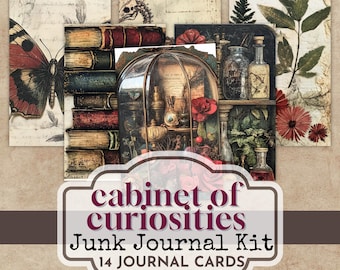 May include: A set of 14 journal cards titled Cabinet of Curiosities Junk Journal Kit, featuring vintage illustrations of butterflies, stacked books, glass cloches, apothecary bottles, botanical leaves, and red flowers on aged paper.