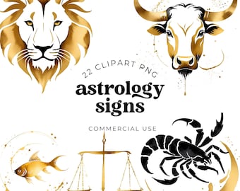 Zodiac Clipart Bundle, Watercolor Astrology Signs, Celestial Horoscope PNGs for Junk Journals, mystical clipart, star sign images