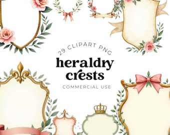 Floral Wedding Crest clipart, aquarel heraldiek frames, vintage botanische embleem illustraties, Chateaucore schild png-afbeeldingen met rozen