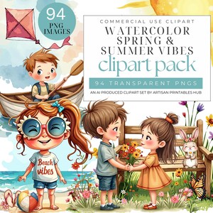 Paquete de imágenes prediseñadas de acuarela primavera-verano, tarjetas de scrapbooking DIY, arte floral de mariposas estilo cabaña, conjunto PNG comercial de Coquette