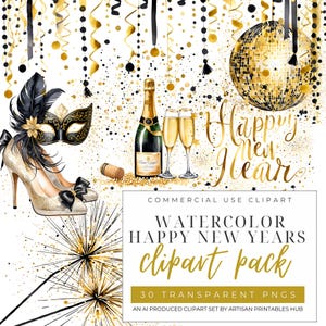 Happy New Year Clipart Bundle, graphismes de célébration noir et or, téléchargement numérique pour travaux manuels et fêtes, Clipart nouvel an 2025, glamour