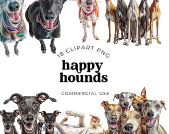 Smiling greyhound clipart bundle, happy hound dog illustrations, cute pet lover art set, animal themed journaling or scrapbooking supplies