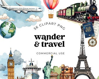 Travel Clipart PNG Bundle, Watercolor Vacation Summer Graphics, Adventure Journey Illustrations, Scrapbook Junk Journal Printable Set