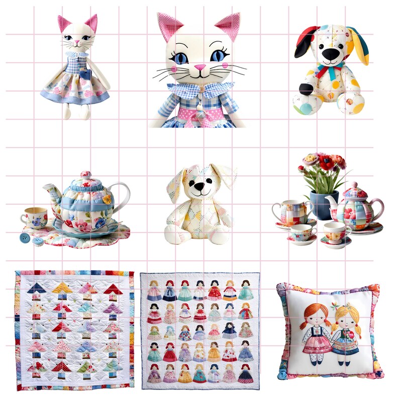 Patchwork Ragdoll Vintage Rag Doll Clipart, Shabby Chic Watercolor Doll Pngs, Animal ...