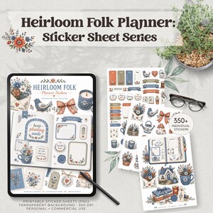 Könnte beinhalten: Ein digitales Aufkleber-Set mit dem Titel Heirloom Folk Planner: Sticker Sheet Series, mit Blumen-, Vogel- und Hausillustrationen in Blau, Rot und Grün. Enthält ein Tablet mit Planer-Layouts, drei Aufkleberbögen und eine schwarze Brille.