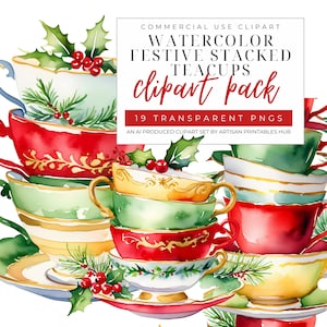 Pacchetto Clipart di Natale ad acquerello, download digitale, PNG di tazze da tè, design a sublimazione, scrapbooking, diario spazzatura, PNG di tazze da tè di Natale,