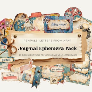 以下が含まれることがあります： 「Penpals: Letters From Afar」と題されたデジタルジャーナルエフェメラパック。印刷可能なPDFキットで40ピース入り。地図、封筒、切手、テキスト付きラベルなど、ヴィンテージスタイルの紙の切り抜きがコレクションされています。
