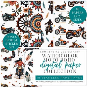 Pacchetto di carta digitale Moto Boho, sfondi ripetibili senza soluzione di continuità, motivi estetici motociclisti, texture grunge boho, album di ritagli stampabili,