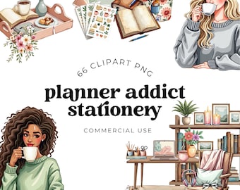 Watercolor planner girl clipart bundle, coffee books stationery PNG SVG JPG set for journaling, scrapbooking, stickers, digital planners,