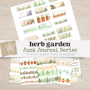 Puede incluir: Una colección de efímeras de cinta washi con temática de jardín de hierbas. El diseño presenta ilustraciones de acuarela de plantas, flores y hierbas en macetas. El texto "herb garden" y "Junk Journal Series" es visible.