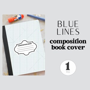Pode incluir: Uma capa de caderno de composição com um padrão de listras brancas e azul claro. A capa tem uma lombada preta e um rótulo que diz "COMPOSITION BOOK". O texto "BLUE LINES composition book cover" também é visível.