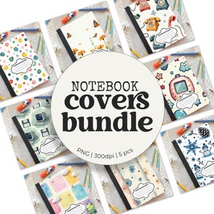 May include: A bundle of composition notebooks with various cover designs. The covers feature colorful patterns, butterflies, flowers, retro telephones, and winter themes. The notebooks are arranged around a central graphic that reads "NOTEBOOK covers bundle".