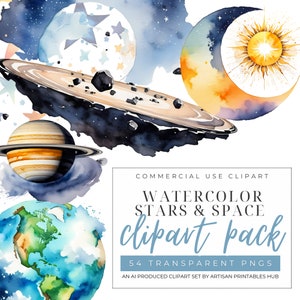 watercolor space clipart bundle, outer space decor, cute astronaut, planets, stars, and moons for nursery, space themed prints, planets