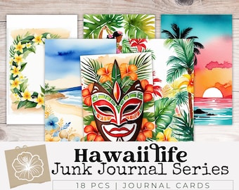 Hawaiian Journal Cards Printable, Tropical Beach Junk Journal Ephemera for Scrapbooking, Planners and Island Vacation Craft Projects