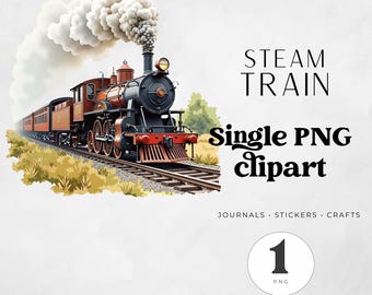 Steam Train Clipart, Vintage Locomotive Art, Watercolor Clipart Bundle, Digital Download for Crafts & Journal
