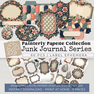 May include: A collection of 60 decorative paper labels and ephemera featuring floral motifs, ornate frames, and geometric patterns in shades of blue, pink, and cream. The set includes various shapes like rectangles, ovals, and teardrops for journals.