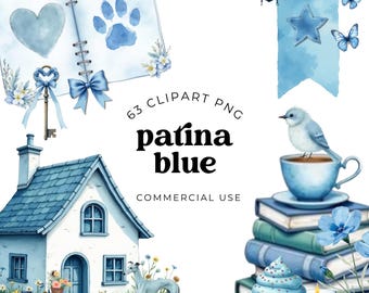 Patina Blue Clipart PNG Bundle, Cool Blue Aesthetic, Watercolor Botanical Ephemera, Junk Journal Elements, Wedding Floral Design Set