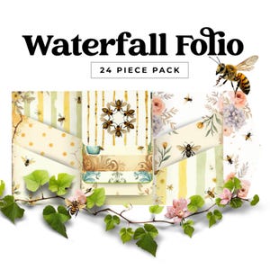 May include: A decorative paper pack labelled "Waterfall Folio" with the text "24 Piece Pack." The design features watercolour illustrations of bees, flowers, and ivy. The colour palette includes yellow, cream, and pastel pink.