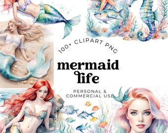 Clipart di sirena ad acquerello in formato PNG, decorazioni per feste di compleanno a tema oceano pastello, design per inviti a sublimazione, simpatica illustrazione di sirena, uso commerciale