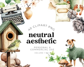 Neutral Beige Clipart Bundle, Minimalist Botanical PNGs, Boho Aesthetic Digital Graphics for Scrapbooking, Planners, Junk Journals,