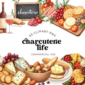 Aquarell Charcuterie Board Clipart Bundle, Lebensmittel- und Käsegrafik, Wein und Käse PNG, Rustikale Vorspeisenkunst, Kulinarische Brunch-Illustration