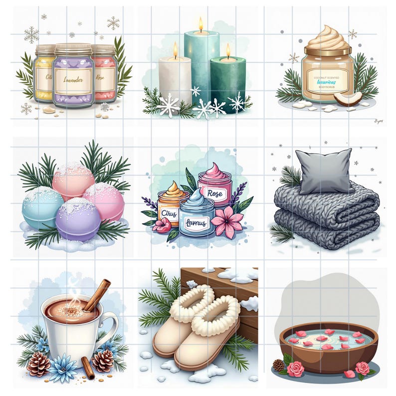 Winter Spa Day Watercolor Clipart Bundle, Cozy Self Care PNG ...