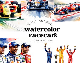 Pacote de imagens de carros de corrida em aquarela, ilustrações de carros de corrida antigos, designs retrô de automobilismo para decoração de festas de meninos, scrapbooking e artesanato.