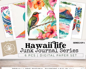 Tropical Hawaiian Junk Journal Kit, Beach Vacation Digital Papers, Vintage Island Ephemera, Scrapbook and Printable Summer Craft Supplies