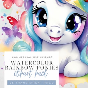 Watercolor Rainbow Pony Clipart, Cute Pony PNG, Perfect for Card Making, Rainbow Dash and Friends, Magical Rainbow Pony Clipart, Cute Kawaii
